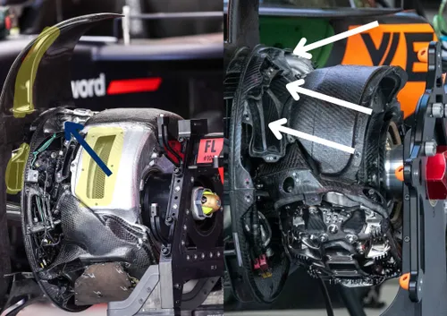 De remassemblages naast elkaar. RB21 links, MCL39 rechts. (Foto rechts: Pro Shots/psnewz, foto links: Xavier Gázquez F1 Technical Fotographer/graining F1.com)