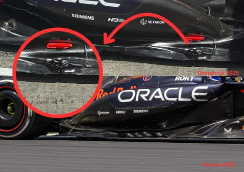 De nieuwe vloerrand van de RB21 voor Oostenrijk. Bovenste foto: F1Maximaal.nl, onderste foto: Pro Shots/Zuma Press