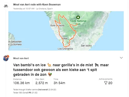 Van Aert beult flink wat af op Tenerife, waar hij op hoogtestage is