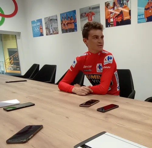 Kuss answers press questions at Jumbo-Visma headquarters
