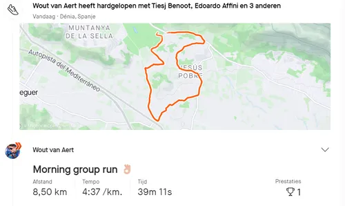 <i>Wout van Aert deelde de details van de groepsloop op Strava</i>