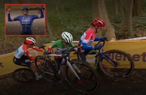 Casasola and Brand have to get off their bikes after making contact