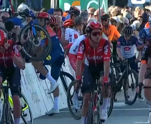 &nbsp; Riders had to climb over the barriers to reach the finish
