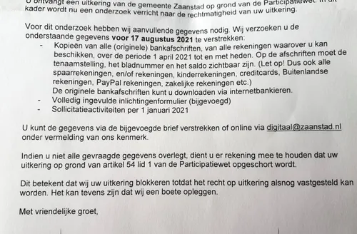 brief zaanstad uitkering
