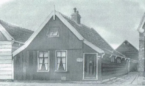 Heiligeweg 111 in 1953 met rechtsachter de weefschuur (foto van een schilderij van Piet Clijnk).