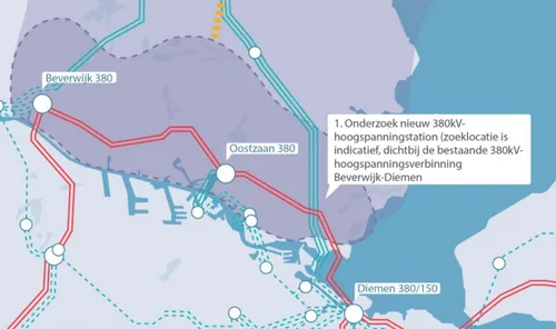 Een globale weergave van de onderzoeksopgave 380 kV-netuitbreiding Noord-Holland Noord in onze regio. Bron: TenneT