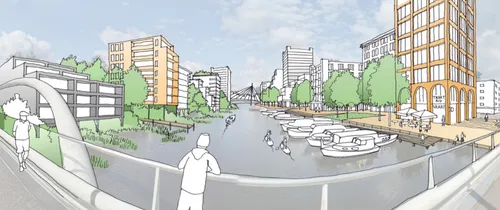 Een impressie van de Thorbeckezone, met rechts Poelenburg en links de Achtersluispolder