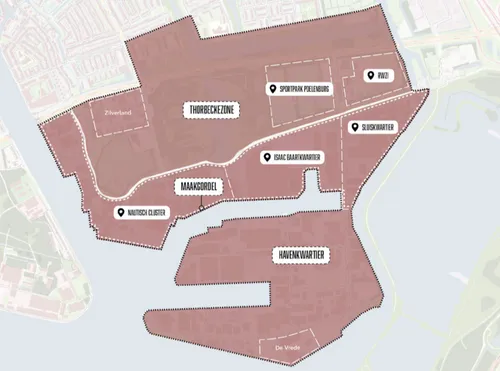 Het circa tien hectare grote Sluiskwartier wordt begrensd door de Noorder IJ- en Zeedijk, de Sluispolderweg en Zijkanaal H.