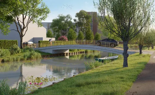 De brug met de doorvaartbreedte / -hoogte in het midden van de Kerksloot. In de andere varianten is de&nbsp;doorvaartbreedte / -hoogte opgeschoven naar het noorden of het&nbsp;woongebied.