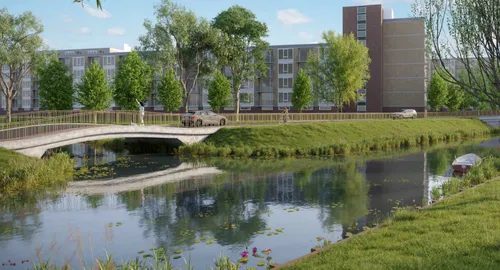 Twee bruggen via het plantsoen voor het appartementencomplex,&nbsp;bestaande uit één iets minder schuine brug in het verlengde van de&nbsp;Marslaan en vervolgens een redelijk rechte brug naar de Slibkuil.