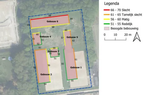 De maximale gecumuleerde geluidbelasting per gevel.