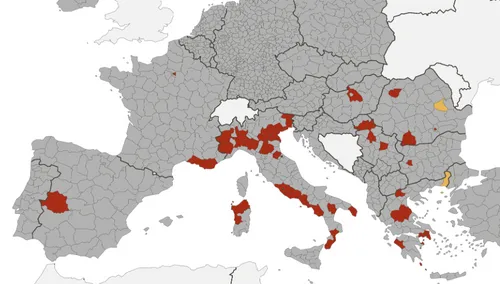Het westnijlvirus geregistreerd in 2025, tot 13 augustus. Bron: ECDC