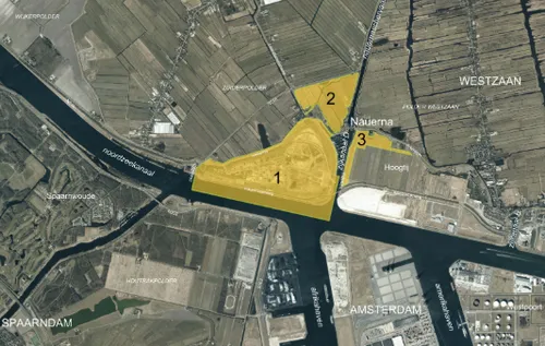 In de directe omgeving van Nauerna liggen de Nauernase Polder (1: met het Noordzeekanaal in het zuiden, het Pontplein in het westen, de Noorder IJ- en Zeedijk in het noorden en zijkanaal D in het oosten), de Nauernase Venen (2: met de Zaandammerweg in het oosten, de N246 in het noorden, de dijkweg Nauerna in het oosten en buurtschap Nauerna in het zuiden) en bedrijventerrein HoogTij (3: met de&nbsp;Kanaaldijk in het westen en de Veldweg in het noorden).