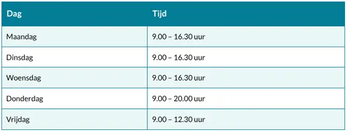 De balies zijn gesloten tussen 12:30 en 13:30 uur en op donderdag van 16:30 en 17:30 uur.