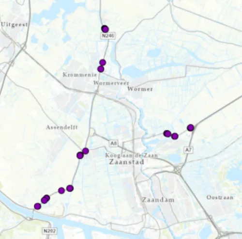 De stippen geven de locaties waar herplant gaat worden in onze contreien aan. Bron: Provincie Noord-Holland