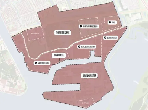 Het circa tien hectare grote Sluiskwartier wordt begrensd door de Noorder IJ- en Zeedijk, de Sluispolderweg en Zijkanaal H.
