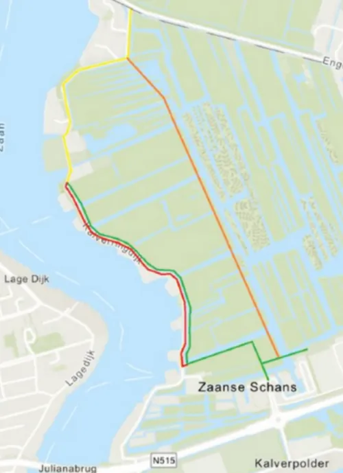 In de businesscase is een investering van 5,4 miljoen euro opgenomen voor het verleggen van het fietspad (de groene voorkeursvariant parallel aan de Kalverringdijk), met 2,1 miljoen euro aan verwachte subsidies van de Vervoerregio Amsterdam, de provincie of derden. Bron: Gemeente Zaanstad