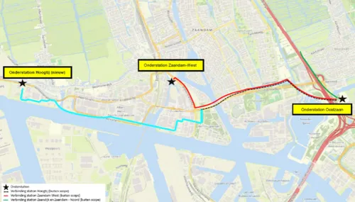 Het volledige 50kV-tracé OS Oostzaan – OS Hoogtij. Bron: Gemeente Zaanstad
