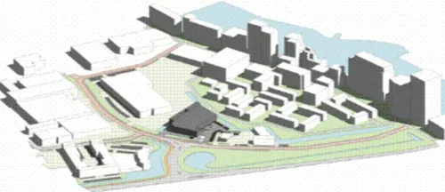 De supermarkt op de voorgrond in het donkergrijs met daarachter het Zaankwartier.