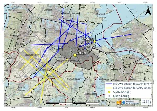 Op dit kaartje zijn de lijnen waarlangs het seismisch onderzoek uitgevoerd gaat worden aangegeven in het blauw en geel. Bron: Provincie Noord-Holland