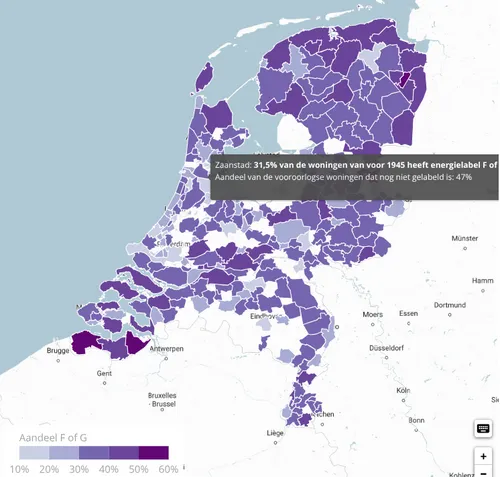 Het aandeel woningen met energielabel F of G van alle woningen van voor 1945. Bron: Independer