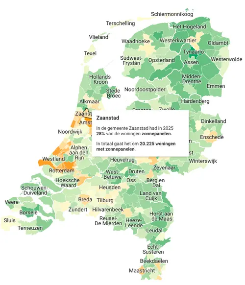Hoe groener, hoe meer zonnepanelen. Bron:&nbsp;Zonneplan