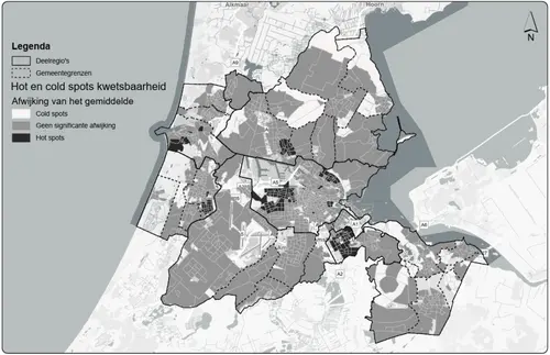 Deze kaart laat zien hoe de indicatoren van kwetsbaarheid van de bevolking stapelen. In de donkergekleurde gebieden komen meer indicatoren samen dan gemiddeld in Noord-Holland Zuid. Het gaat vooral om Zaandam, het gebied rond IJmuiden, het zuid-oosten van Haarlem en delen van Amsterdam. Bron: Provincie Noord-Holland / RIVM
