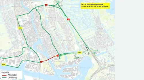 De omleiding tijdens de afsluiting van de Den Uylbrug.