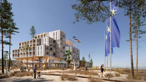 Impressie van het nieuwe hotel gezien vanaf de kant van de boulevard