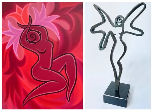 Donna Corbani Euphoria, olieverf op linnen en Energy, brons sculptuur