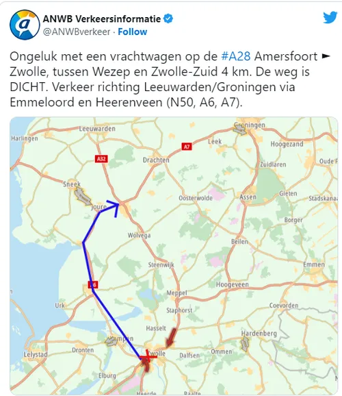 a28 omleiding ongeluk