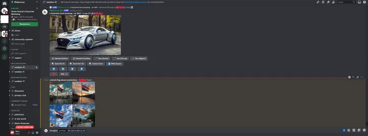Dit is een screenshot van de discord chat. Je vult een prompt in met de command /imagine. En de rest gaat vanzelf.