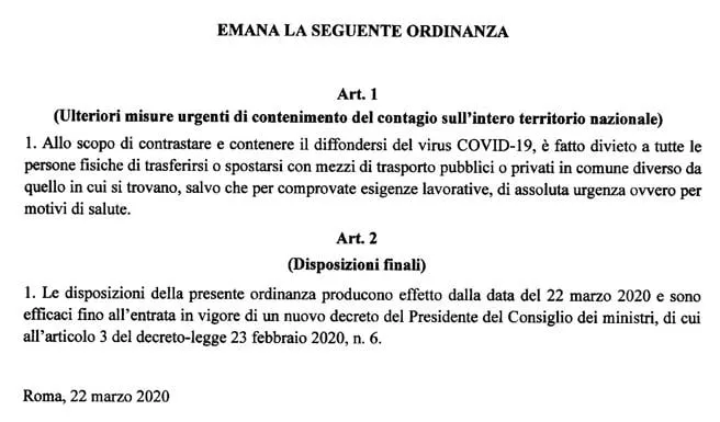 Ordinanza divieto spostamenti