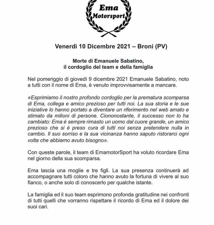 comunicato famiglia emamotorsport