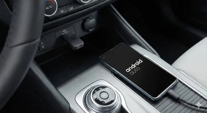 Adattatore wireless per Android Auto inserito nella porta USB dell'auto con uno smartphone connesso nelle vicinanze