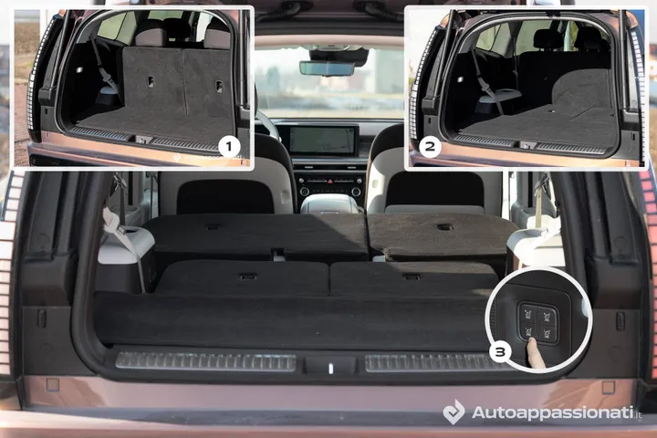 Dettaglio del bagagliaio della Hyundai IONIQ 9 che mostra le diverse configurazioni dei sedili posteriori della seconda e terza fila, abbattibili elettricamente tramite una pulsantiera laterale per creare un ampio piano di carico piatto