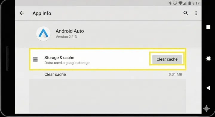 Screenshot della schermata delle impostazioni dell'app Android Auto su smartphone, con il pulsante 'Cancella cache' evidenziato.