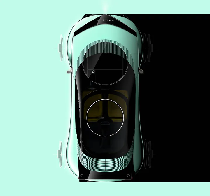 Render con vista aerea della Lancia Pu+Ra HPE in colore Progressive Green. L'immagine evidenzia il caratteristico tetto circolare in vetro, le linee geometriche essenziali e il contrasto tra la carrozzeria
