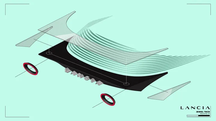 Disegno tecnico esploso isometrico denominato "Jewel Tech Board No. 01". Mostra i livelli costruttivi del posteriore della Lancia Pu+Ra HPE: la struttura a "persiana" del lunotto