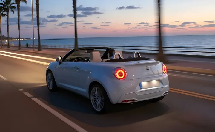 MiTo cabrio posteriore dinamica di colore bianco con mare sullo sfondo di sera