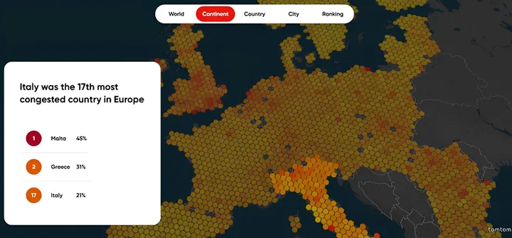 Lo screenshot raffigura il TomTom Traffic Index del 2025 dove si può vedere la classifica dei paesi in Europa con più traffico