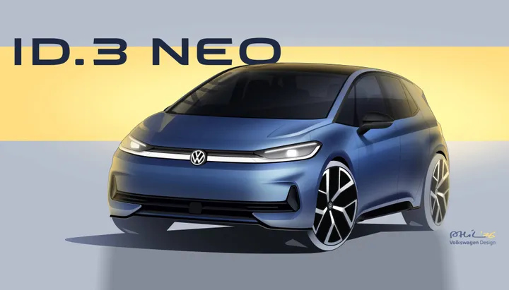 Anteriorie della Volkswagen ID.3 Neo di colore blu con scritta grande sopra l'auto