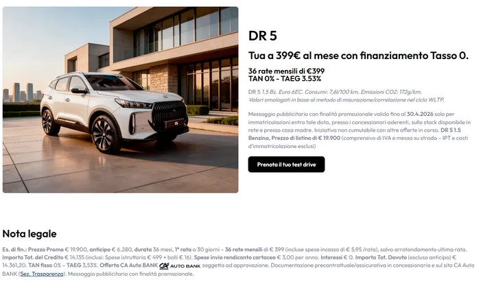 dettaglio promozione DR 5 con rata mensile, anticipo, e maxirata