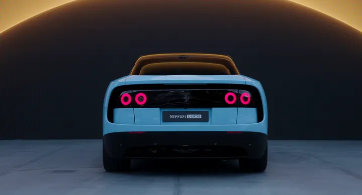 Ferrari Luce color azzurro posteriore con fari accesi