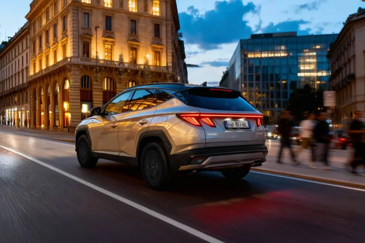 Hyundai TUCSON Dark Line di colore grigio che percorre strada ripresa dal posteriore
