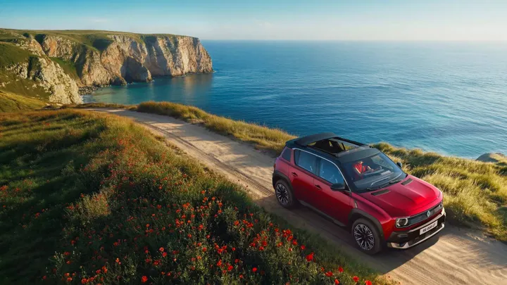 renault4-plein-sud ripresa dall'alto di colore rosso con lo sfondo del mare sopra una scogliera