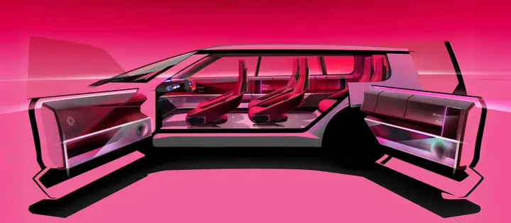 Nell'immagine si vedono gli interni, visti da fuori, del concept della Renault E-Space presentata al Salone di Parigi