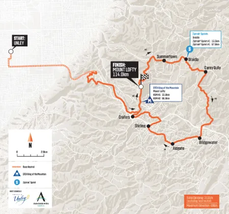 Mapa de la última etapa del Tour Down Under con final en el Mount Lofty.