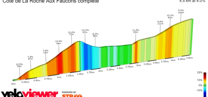 Côte de la Roche aux Faucons: 1.3Km al 10%; a 13.5Km de meta