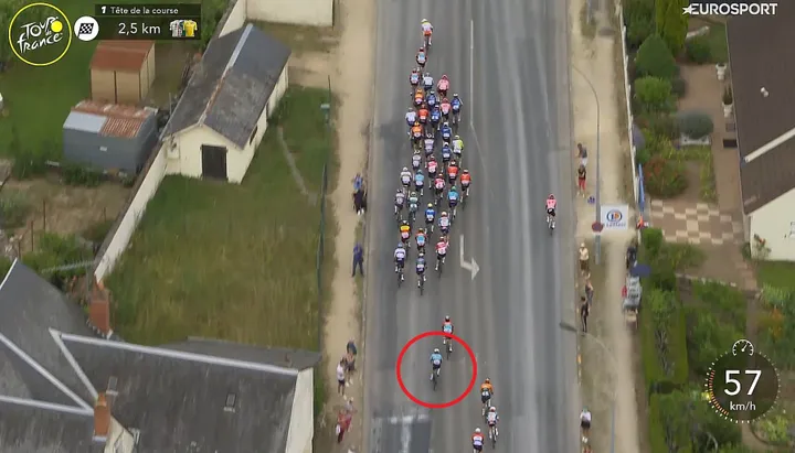 Momento en el que Mark Cavendish cierra una brecha en el pelotón sin compañeros de equipo a su alrededor, a sólo 2,5 km para el final.